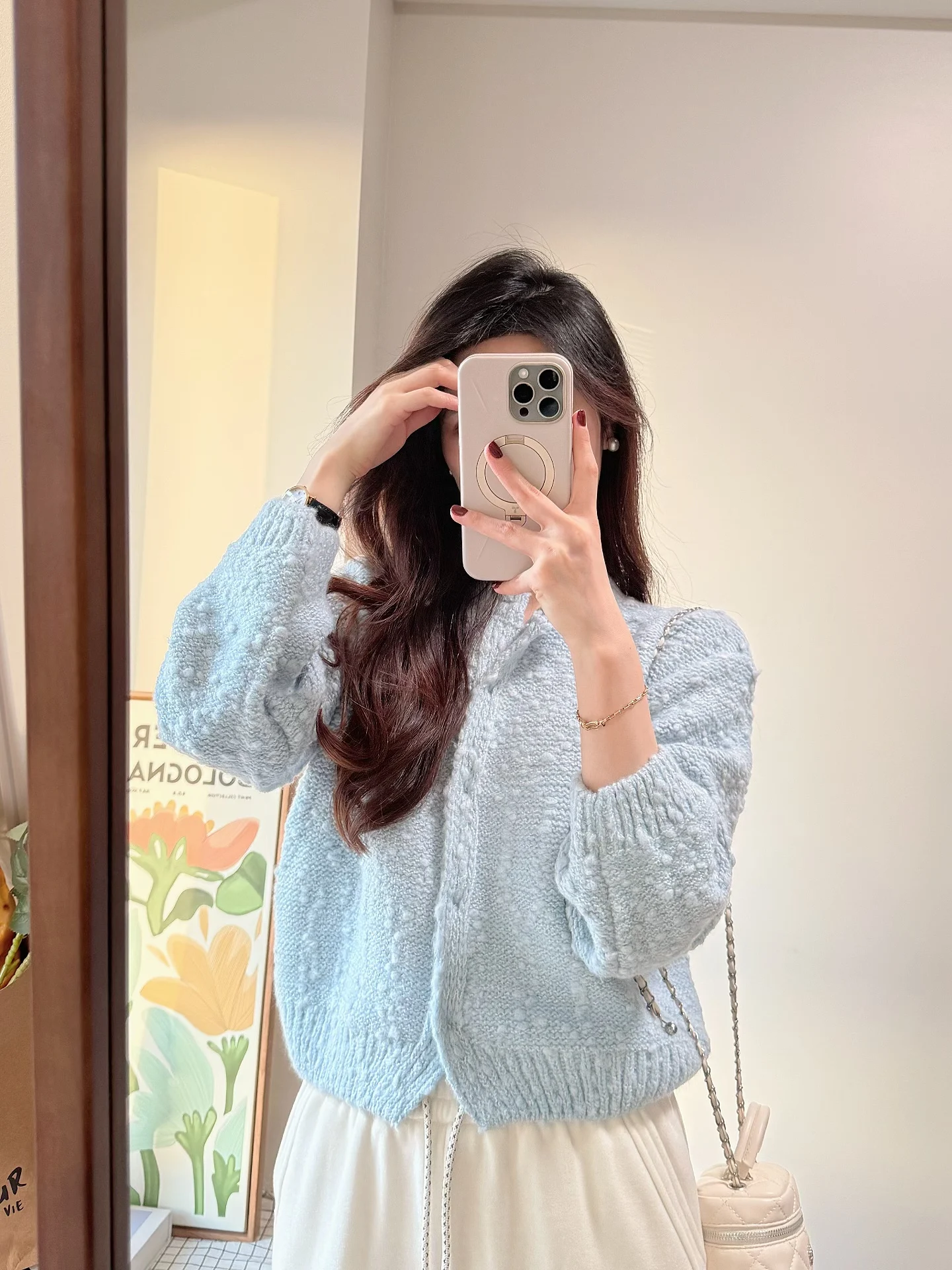 

WENDY Korean Sle Loose Fit round Ne Casual Knitted Sweater Women's Faionable Cardigan Long Sve Polka Dot Design