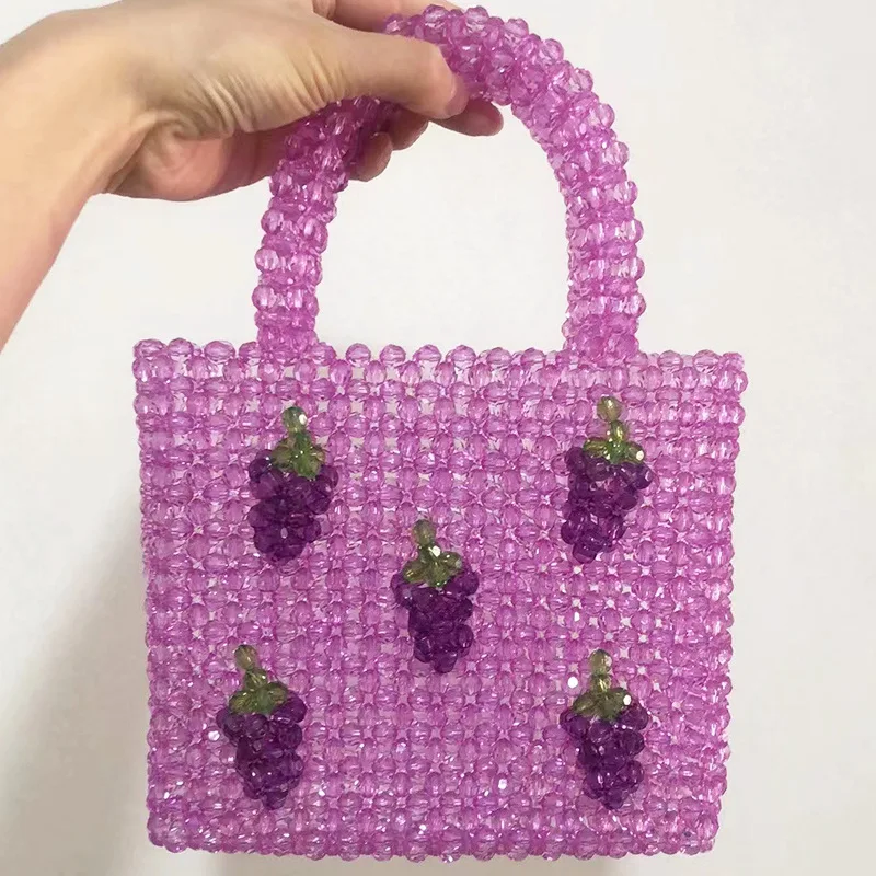 2023 Grape Purple Beaded Bag Women's Fashion INS Simple Versatile Fruit Design Shoulder Bags Handwoven Acrylic New In Handbag