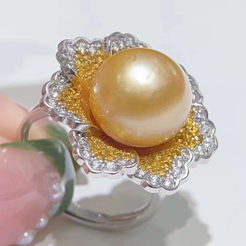 SGARIT Fashion Yellow Pearl Ring S925 Silver High Quality Concise Large Round Pearl Ring for Woman Party Wedding