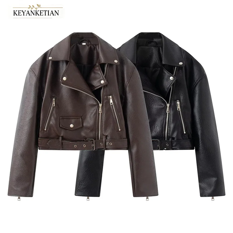 KEYANKETIAN2026 Faux Leather Biker Jacket Lapel Collar Diagonal Zipper Belted Waist Multi‑Zipper Pockets Cropped Women Moto Coat