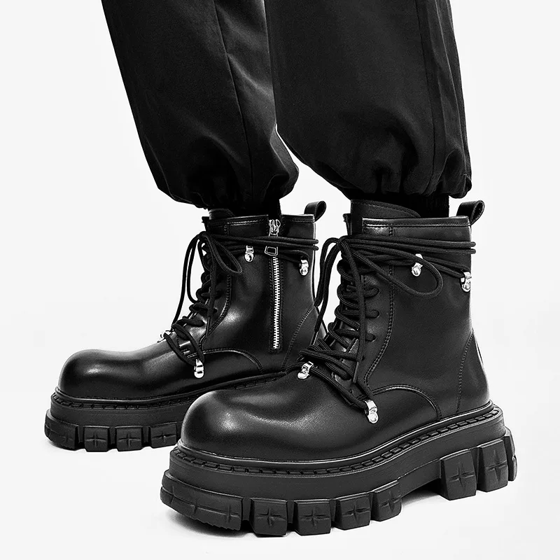 

men fashion stage nightclub genuine leather boots black trendy designer shoes cowboy platform boot cool high motorcycle botas