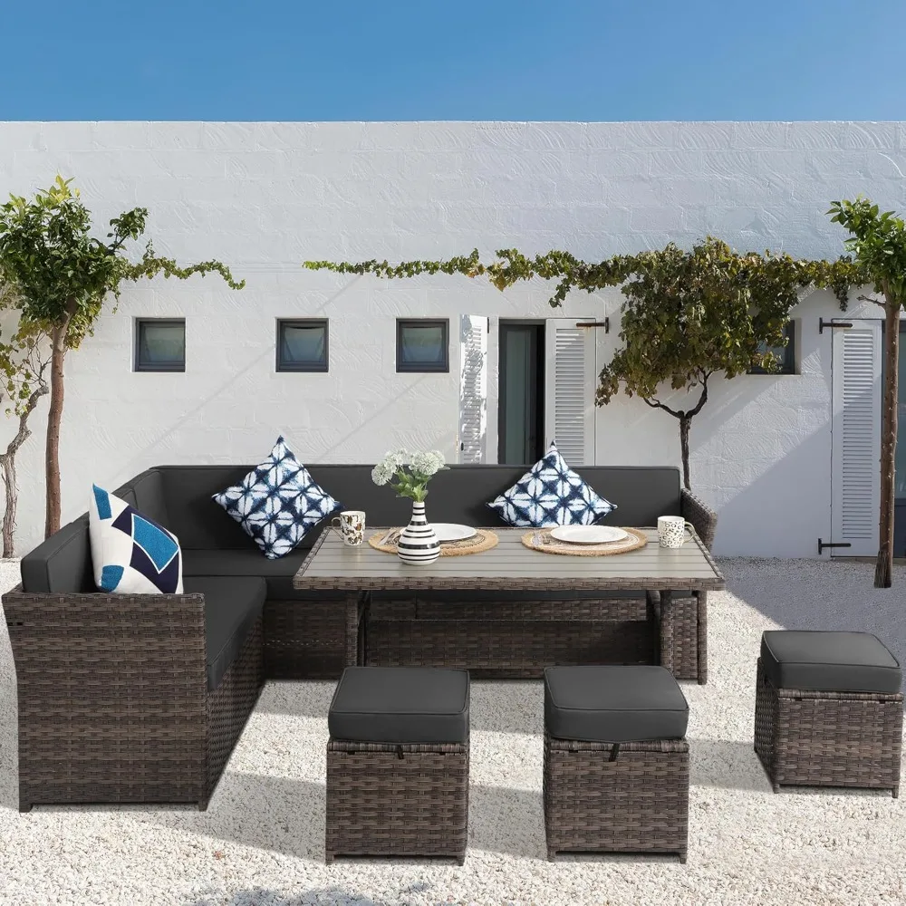 

7 Piece Patio Furniture Set, Outdoor PE Wicker Rattan Outdoor Dining Set, Patio Table and Chairs Set, Patio Conversation Sofa S
