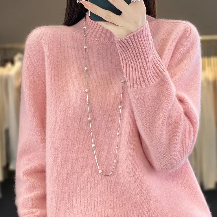 Half-turtleneck Warm Solid Color Cashmere Women Pullover Long Sleeve Loose Casual New Knitted Sweater