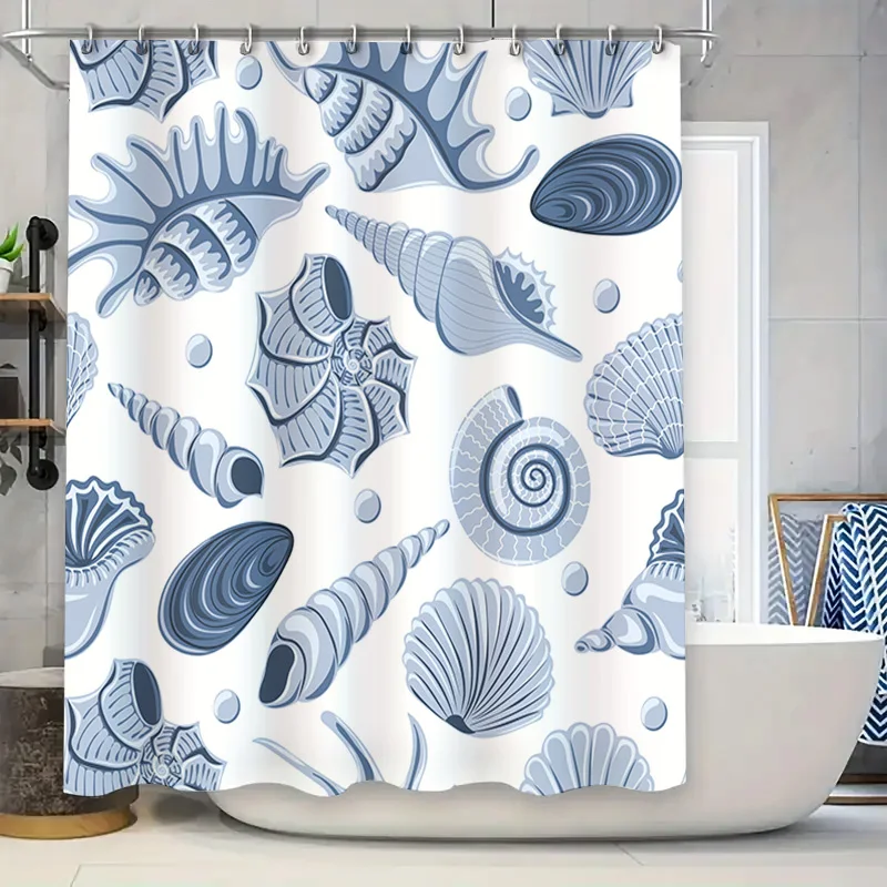 

Занавеска для душа из ракушек, современный синий морской декор для ванной комнаты, белая темно-синяя ткань с кольцами-крючками