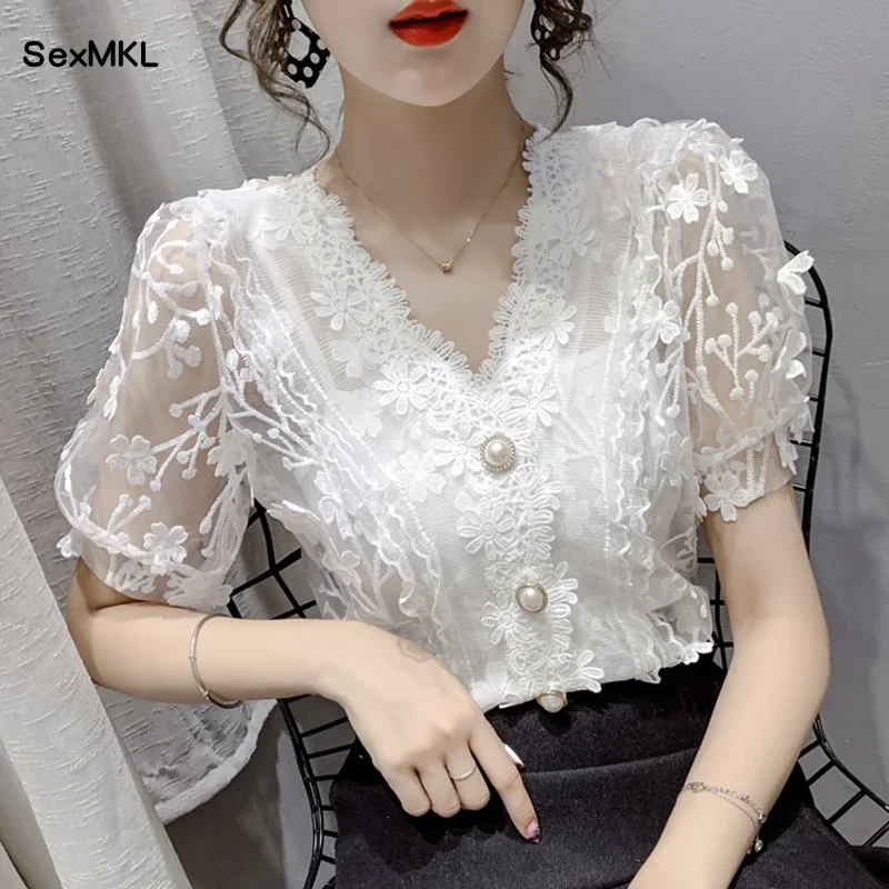 Vintage Lace Blouses Womens 2024 Summer Fashion Elegant White Blusas Mujer Casual V Neck See Through Sexy Puff Sleeve Y2k Tops