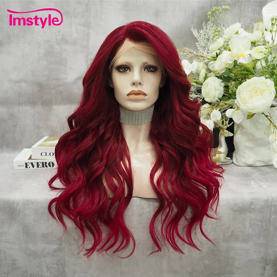 Imstyle Red Wig Synthetic Lace Front Wig Water Wave Long Lace Wigs For Women Heat Resistant Fiber Synthetic Cosplay Wigs