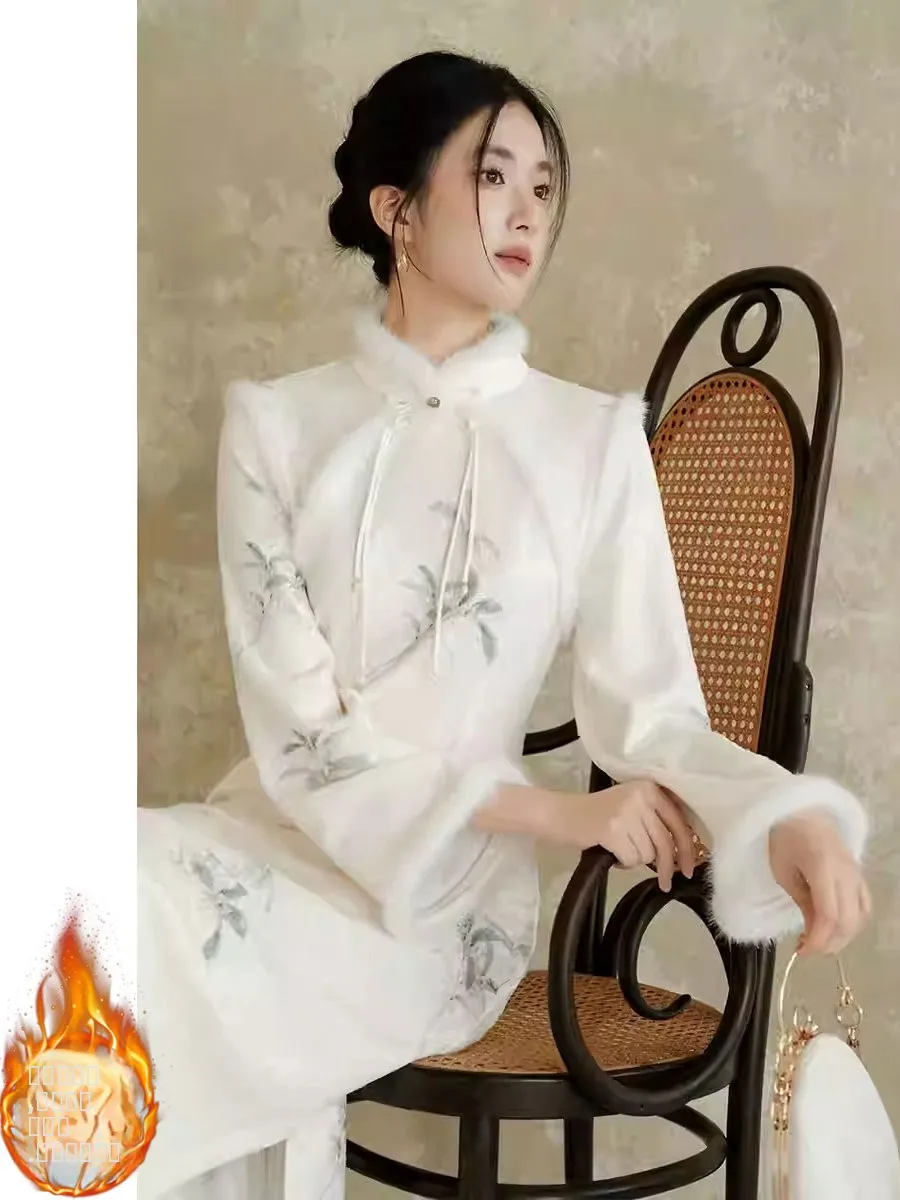 

Ele Chinese Sle Wedding Dr Women's Fce Lined Brued Floral Embroidery Long Qipao Dr for Engagement Winter 2025