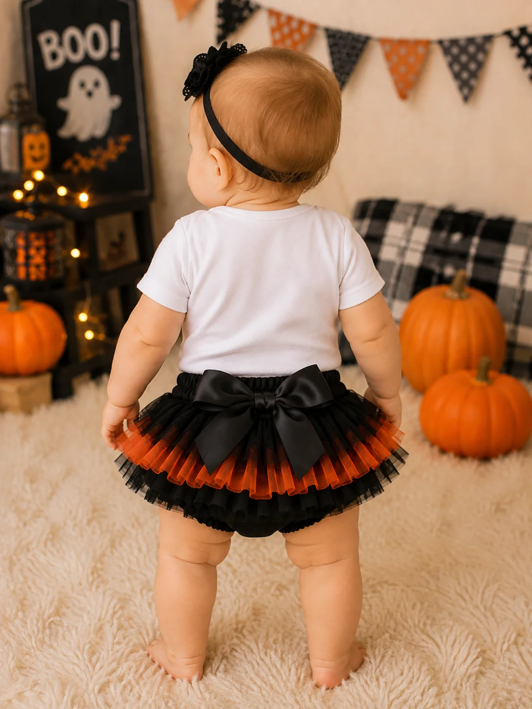Baby Halloween Outfit Set Boo Babe Ghost Print Onesie Black Orange Tutu Skirt Flower Headband 3Pcs Infant Girl Halloween Costume