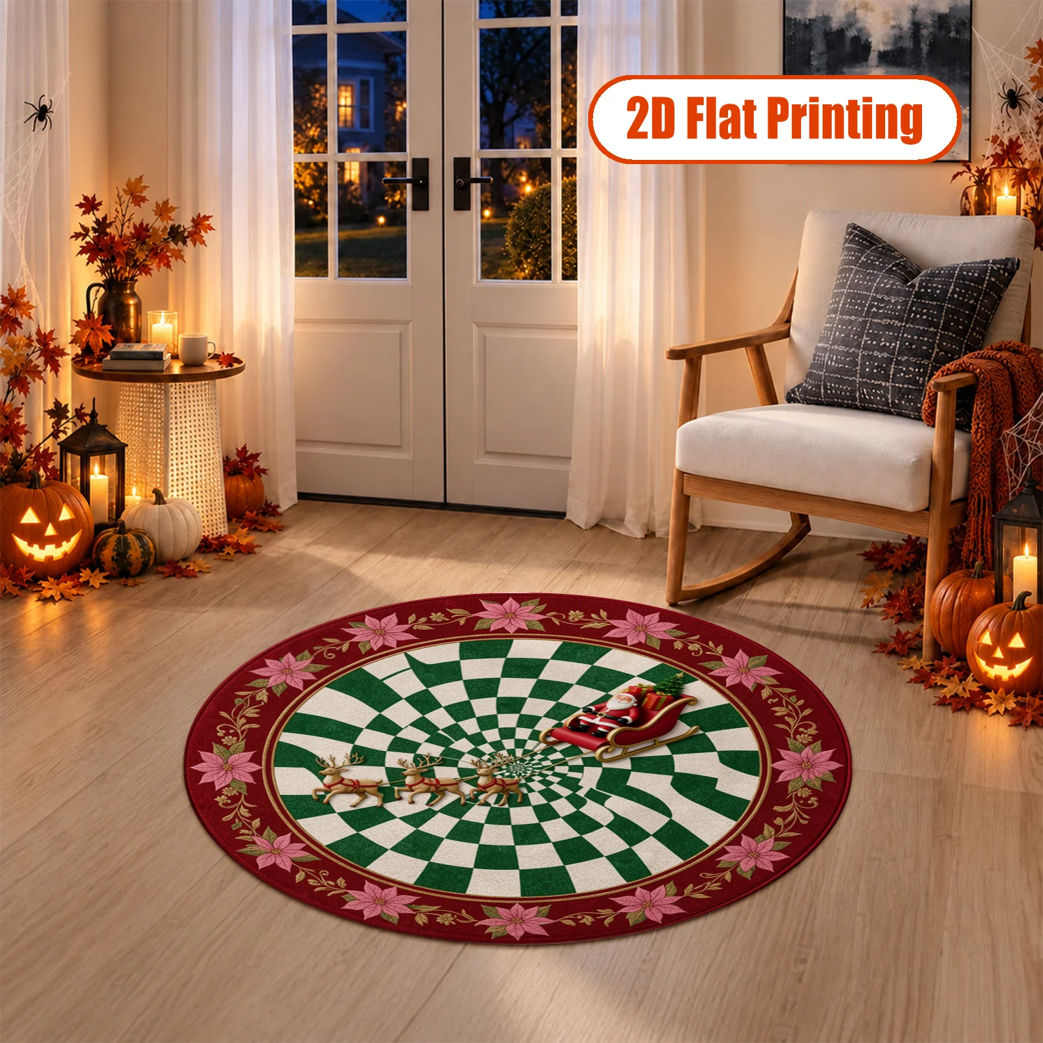 Santa Reindeer Poinsettia Spiral Checkered Round Rug Velvet Machine Washable Suitable for Living Room Bedroom Dining Area Entryway Ideal for Halloween Thanksgiving Black Friday Cyber Monday Christmas New Year