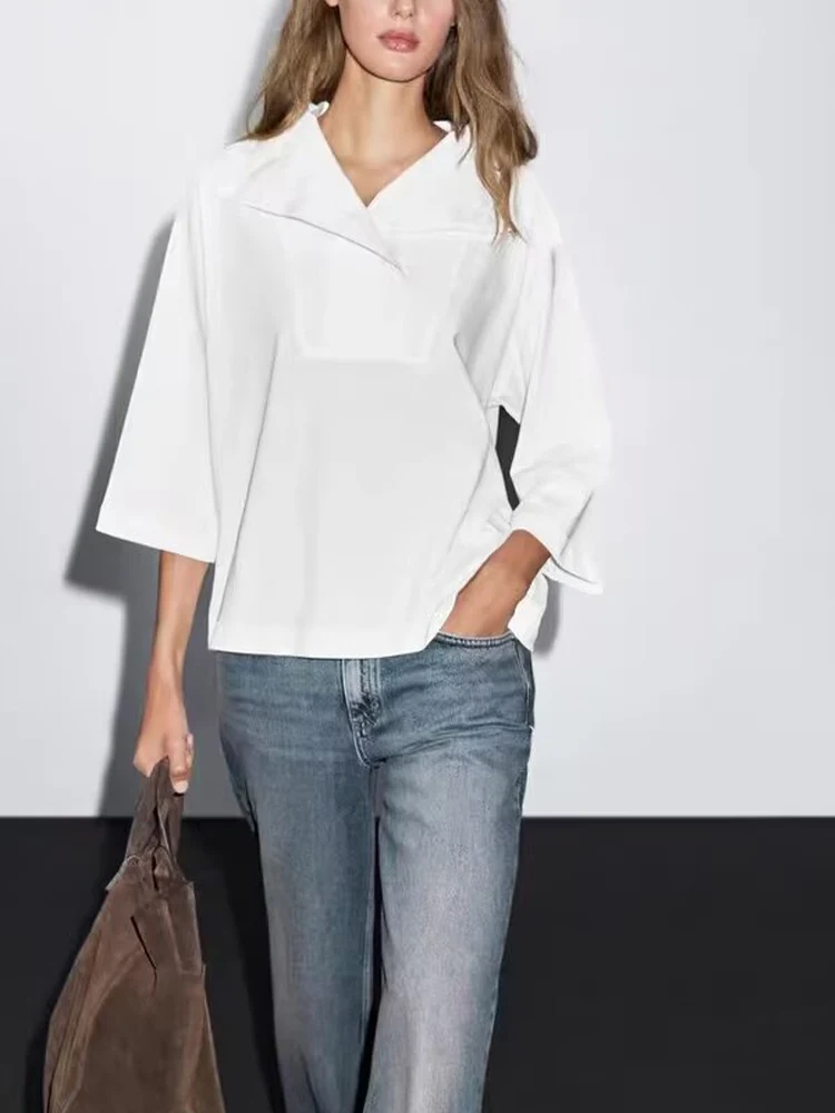 

European and American style autumn new women's fashion temperament white high collar three-quarter sleeve shirt top