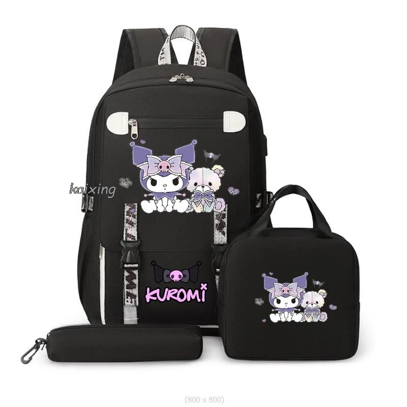 Kuromi-bolsas de almuerzo para niñas y adolescentes, morral escolar de 3 piezas, con diseño de arcoíris, ideal para viaje