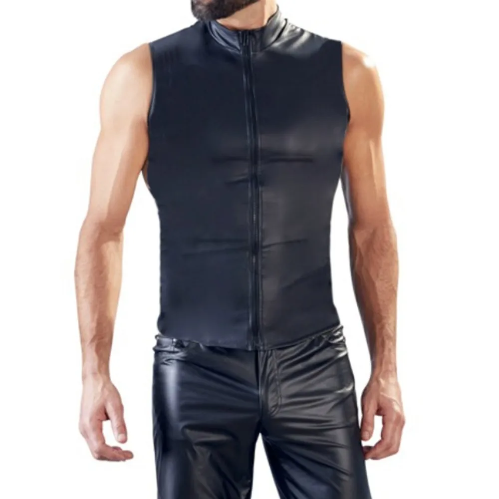 Man Male Tops Vests Leathe M-2XL Mens Nightclub Costume Vintage Faux Leather Zip Sexy Sleeveless Stage T-shirt