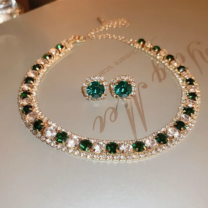 FYUAN Luxus Halskette Ohrringe Sets Grün Kristall Halskette Frauen Hochzeiten Braut Schmuck Zubehör – Detail 11