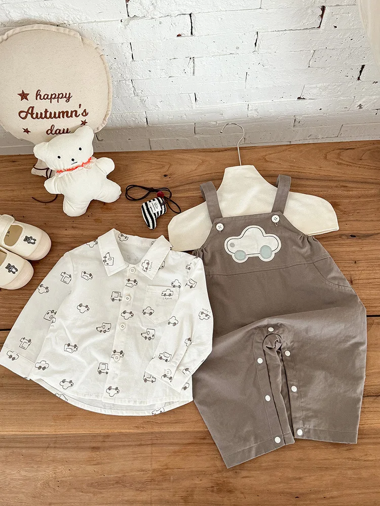 

2025Autumn New Boys' Shirt and Overalls Baby Set Autumn Children's Cartoon Clothing Two-Piece Set aClass