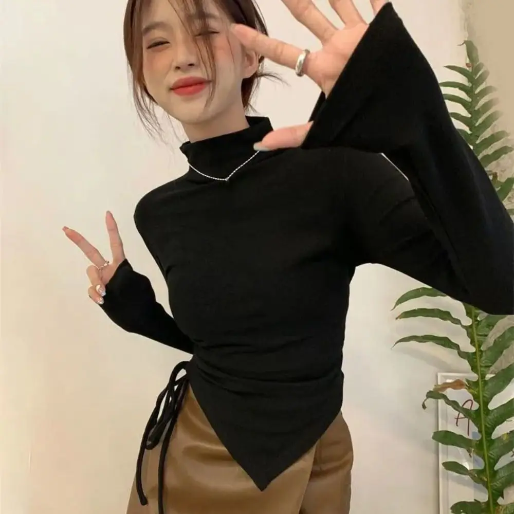 نصف الياقة العالية كم طويل تي شيرت بسيط غير منتظم سليم الرباط البلوز قاع قميص قميص المحاصيل الأعلى المرأة Y2k