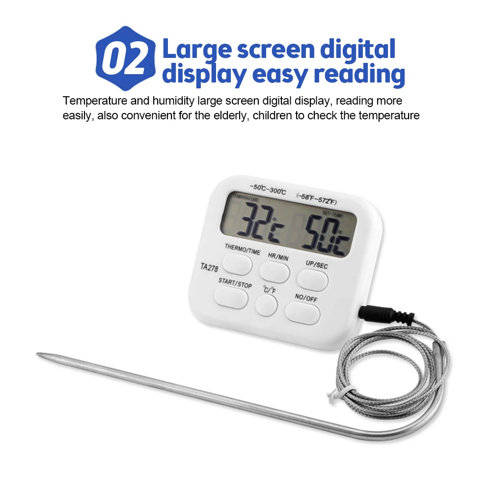 TA278 Digital Food Thermometer Stainless Steel Probe Meat Oven Bbq Temperature Meter Cooking Tools For Kitchen With Alarm