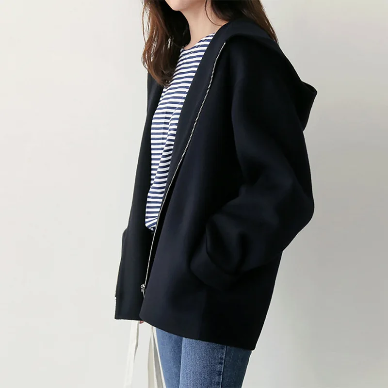 Women's Hooded Woolen Coat Casual Spring Autumn New Korean Version Loose Solid Color Fashion Casual All-match Wool Jacket Tops