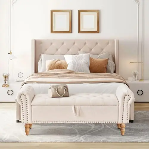 51” Storage Benches, End of Bed Bench with Button-Tufted Large Upholstered Storage Ottoman Linen Window Bench with