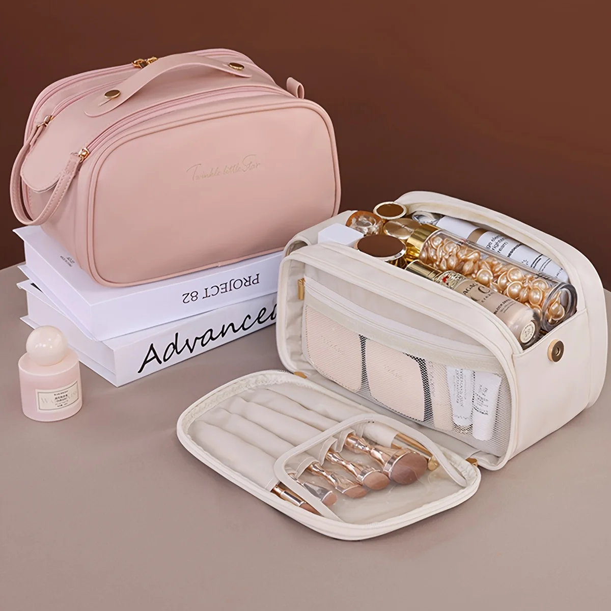 Multifunctional Makeup Bag For Women PU Leather Large Capacity Portable Double Zipper Travel Makeup Brush Toiletries Storage Bag