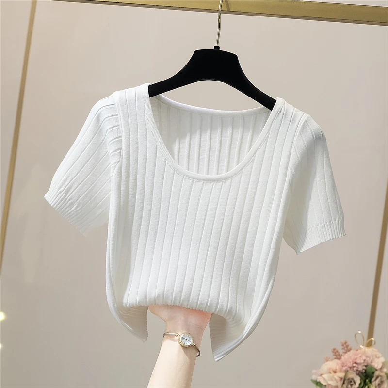 Y2k Cropped Tank Tops Für Mädchen Weiß Blusen T-shirts Stricken Schwarz T Shirts Koreanische Sommer Streetwear Frauen Tees Blau Kleidung