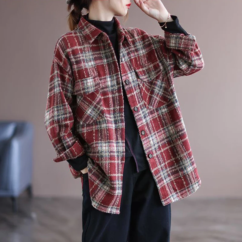 Thiened حجم كبير طويل Sve منقوشة irt ريترو تويد معطف فضفاض المرأة Busin عادية القطن طوق زر حتى معطف