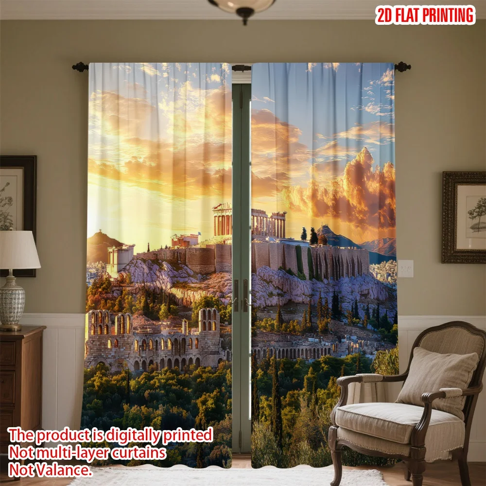 

2D flat printing 2pcs Scene Curtain Ancient Ruins at Sunset Digital Printed Polyester Drapes Festive Holiday Use for Festive