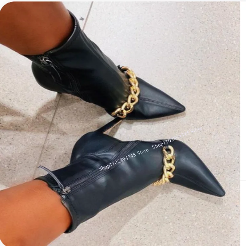 

Black Chain Mid Calf Boots Thin High Heel Zipper Pointed Toe Fashionable Sexy Cool Winter Big Size Woman Shoes Zapatillas Mujer