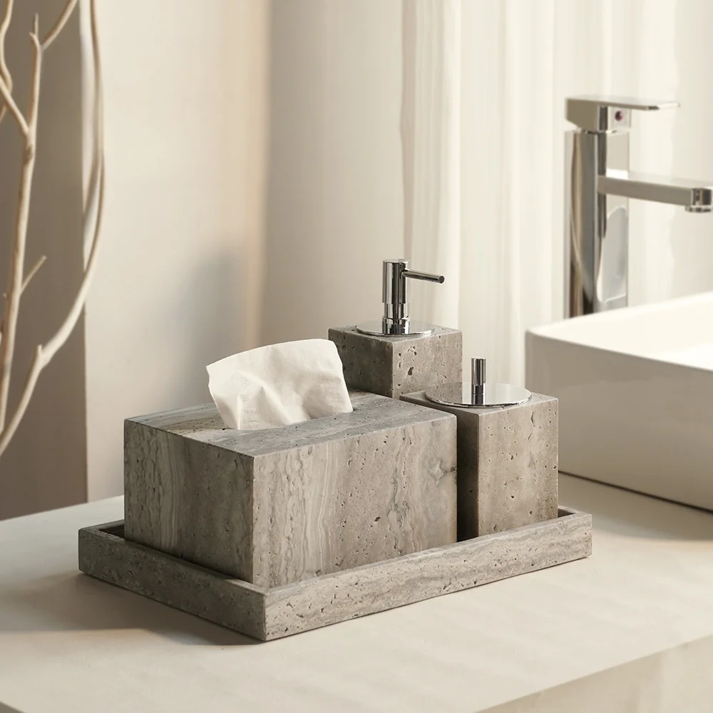 SAIDKOCC مجموعات متعددة فضي رمادي حجر الترافرتين الطبيعة الرخام فارغة مجموعة أدوات الحمام Wabi Sabi Amenities Kit