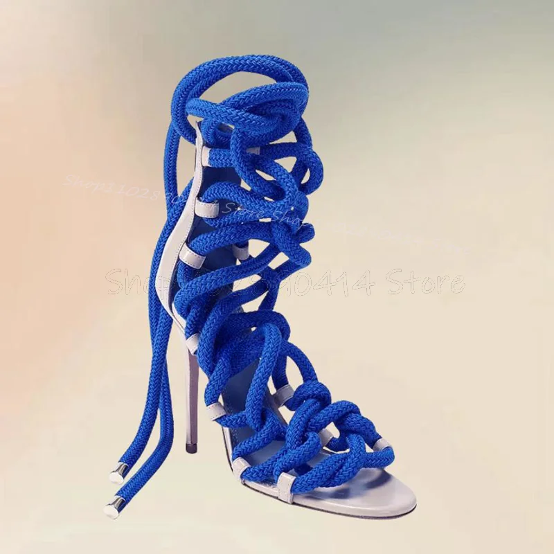 Blue Hemp Rope Design Open Toe Twine Sandals Back Zipper Women Shoes Thin High Heels Fashion Banquet 2024 Zapatos Para Mujere