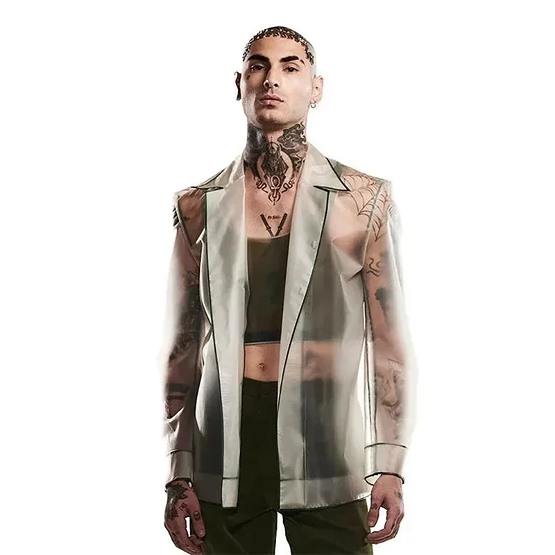 

Men's Matte Transparent PVC Suits Coat Male Lapel Y2K Blazer Faux Leather Overcoat Trench Coat See-through Stage Costume Custom