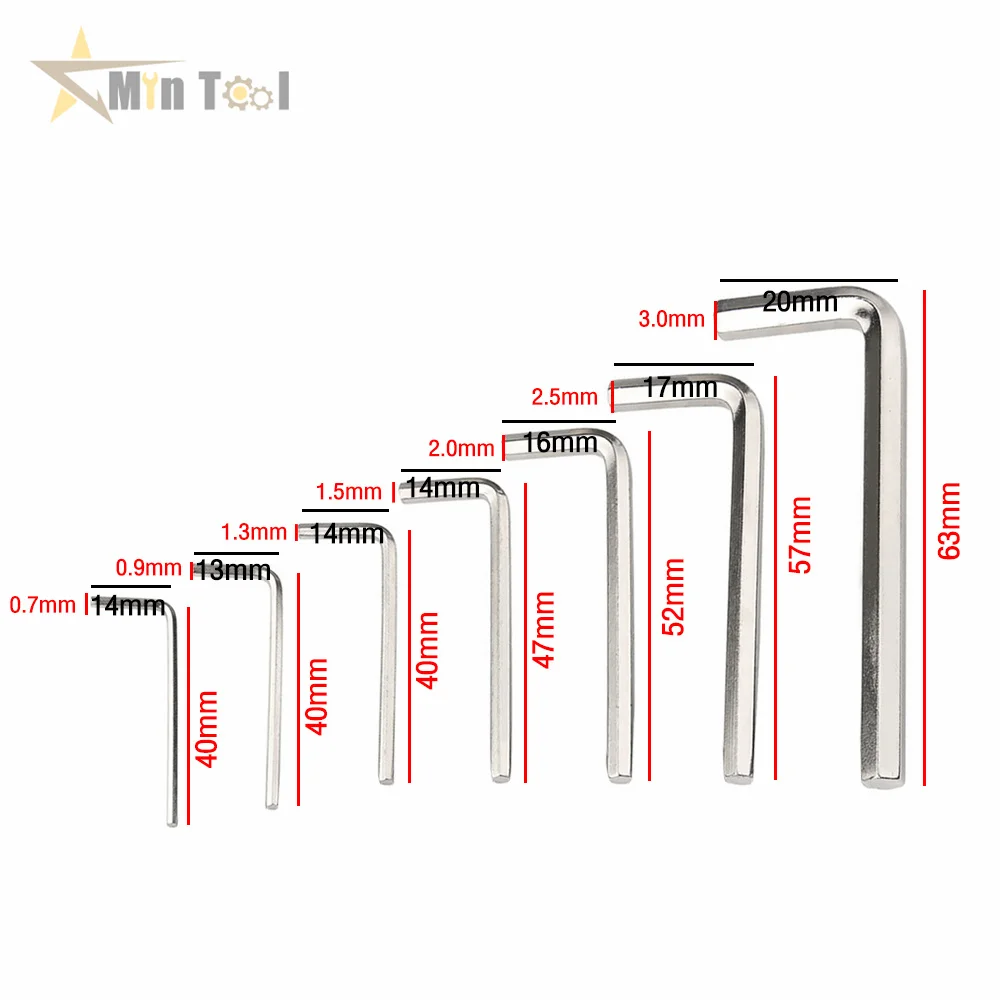 0.7MM-3MM 7Pcs 0.7/0.9/1.3/1.5/2/2.5/3mm Hexagon Allen Key Wrench Tools Hand Repair Tools