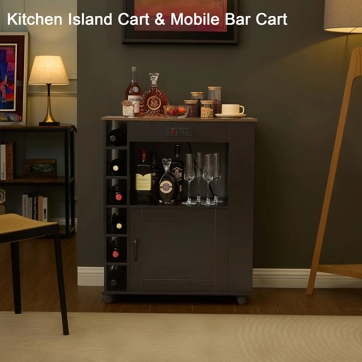 Vecelo Rolling Kitchen Island Cart With Large Storage, Microwave Stand, Open Shelves, Wine Rack, Power Outlet, Bar Cabinet For