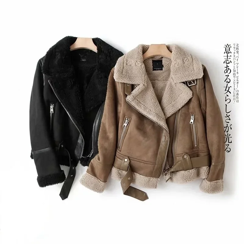 Winter Women Thick Warm Suede Lamb Jacket Short Motorcycle Brown Coats Faux Shearling Sheepskin Leather Jackets Outwear