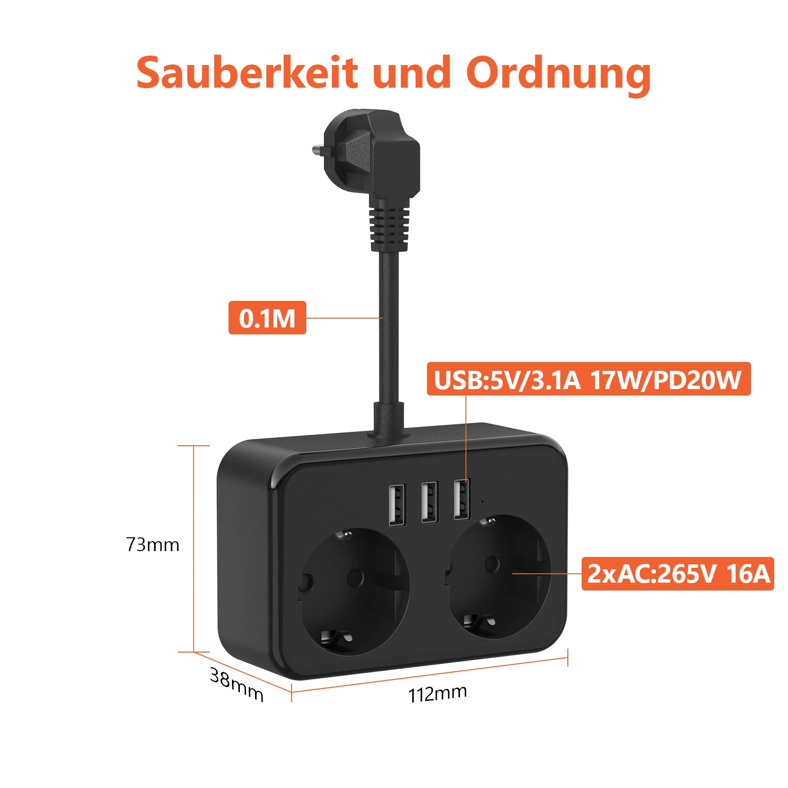 JINGMIN 3840W EU 플러그 전원 스트립(AC 콘센트 2개 포함) 3 USB 0.5mm 케이블 가정용/사무실 소켓용 스위치가 있는 멀티 소켓