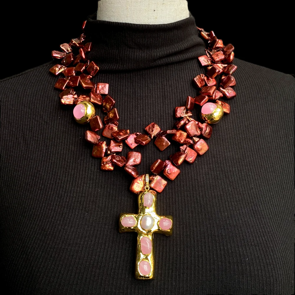 Vintage Cross Pendant Statement Necklace Women Red Brown fancy pearl Pink Stone Gold Plated Choker necklace