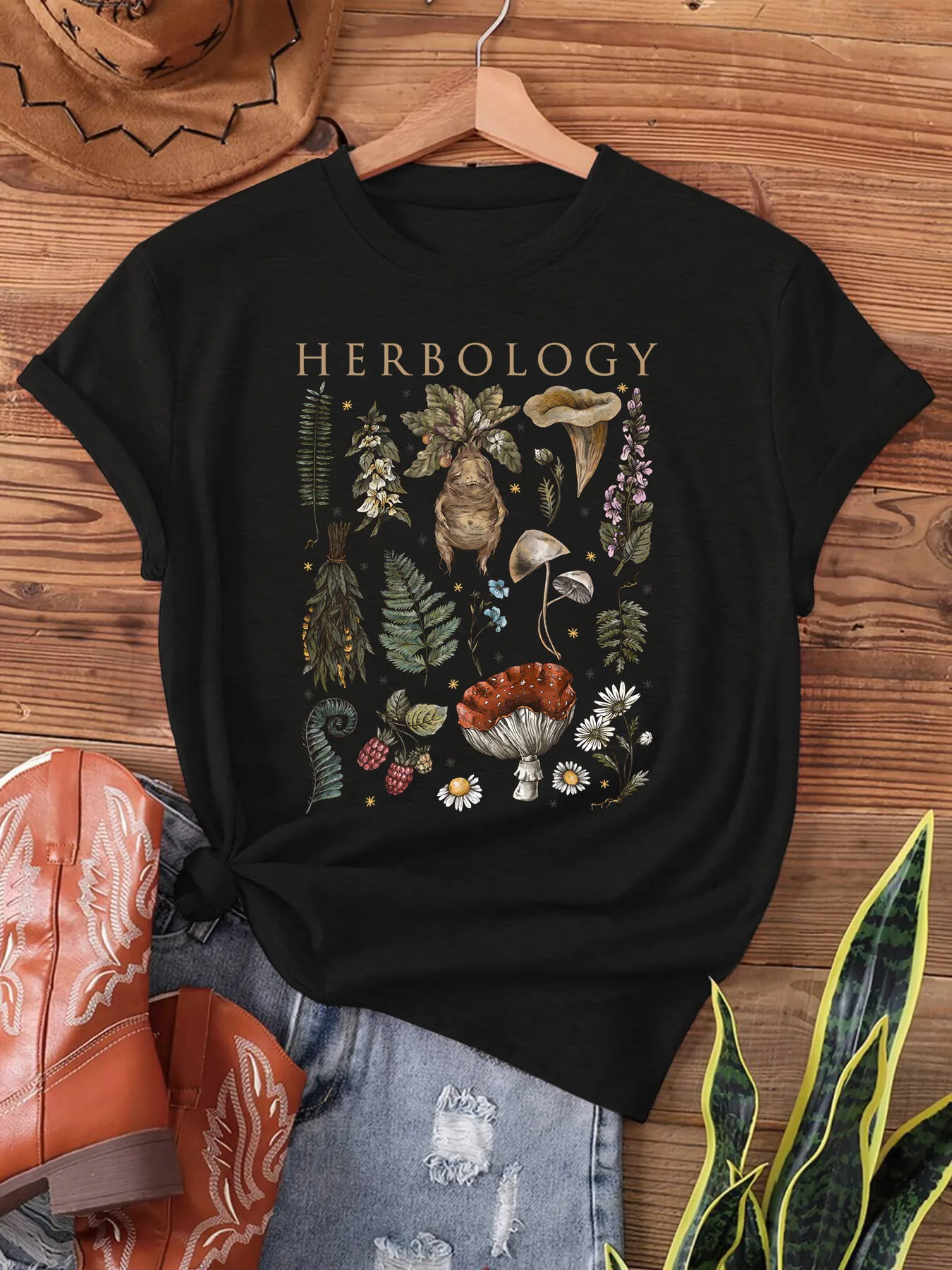 Vintage Mystic Herbology Plants, Print T-shirt, Short Sleeve Crew Neck Casual Top for Summer & Spring, Women's Clothing