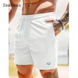 2024 European Style Men Casual Corduroy Beach Shorts Mens Elastic Waist Pocket Classic Basic Shorts White Yellow Short Pants New