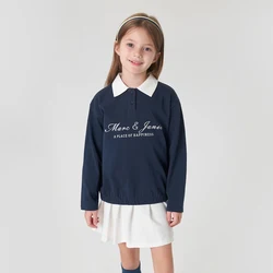 MARC&JANIE Preppy Style Girls Cotton Polo Neck Long Sleeve T-Shirt Kids Cotton Color Patched Top for Spring 240235