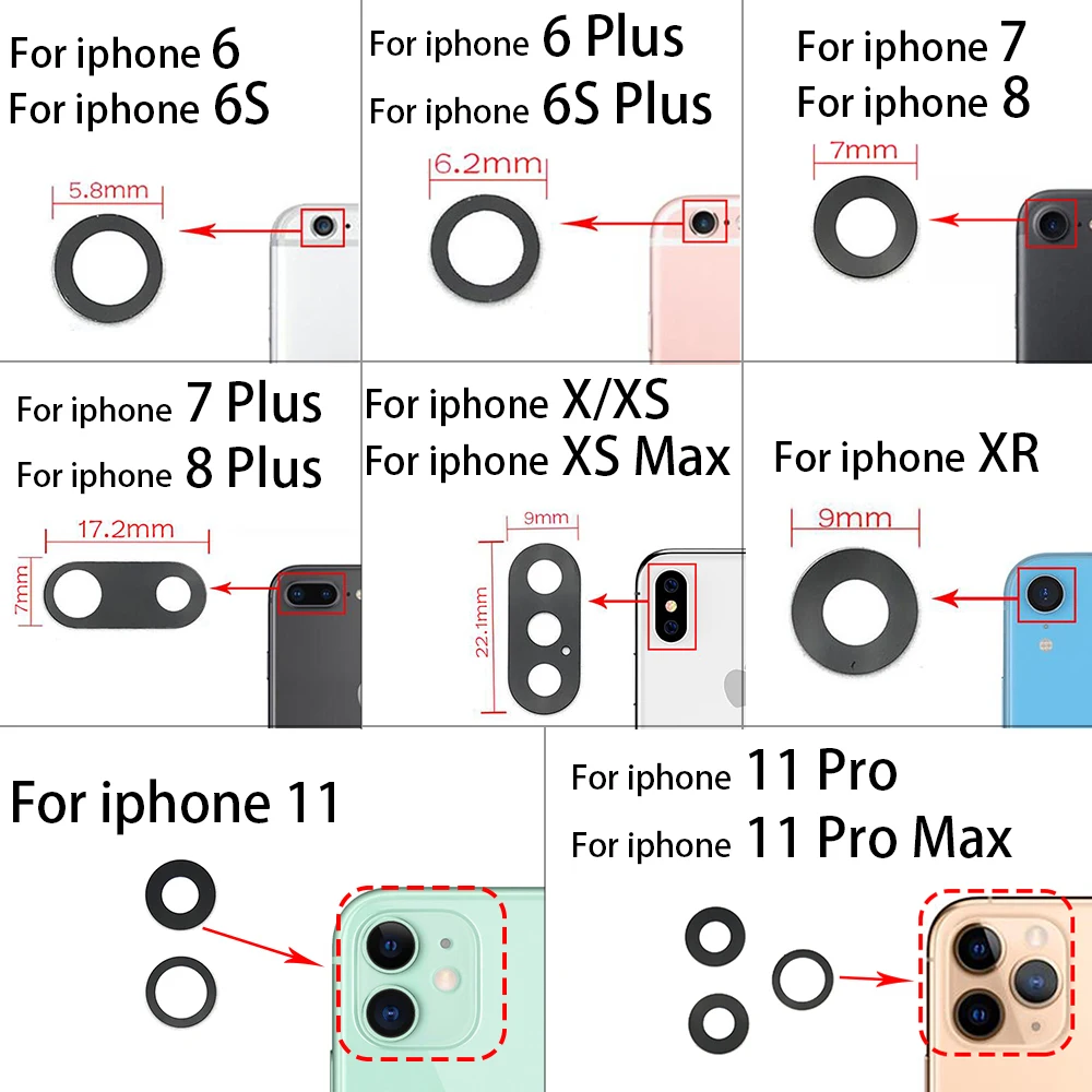 10 Pcs Rear Back Camera Glass Lens Cover For IPhone 6 6S 7 8 Plus X XR XS 11 Pro Max With Ahesive Sticker
