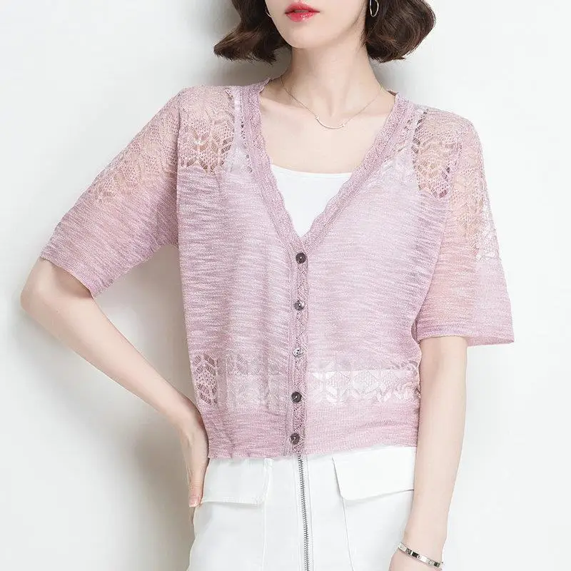 

Short Summer Thin Transparent Short Cardigan with Button Short Sleeve V-neck Female T-shirt Casual Sun Protection Cardigans Q142