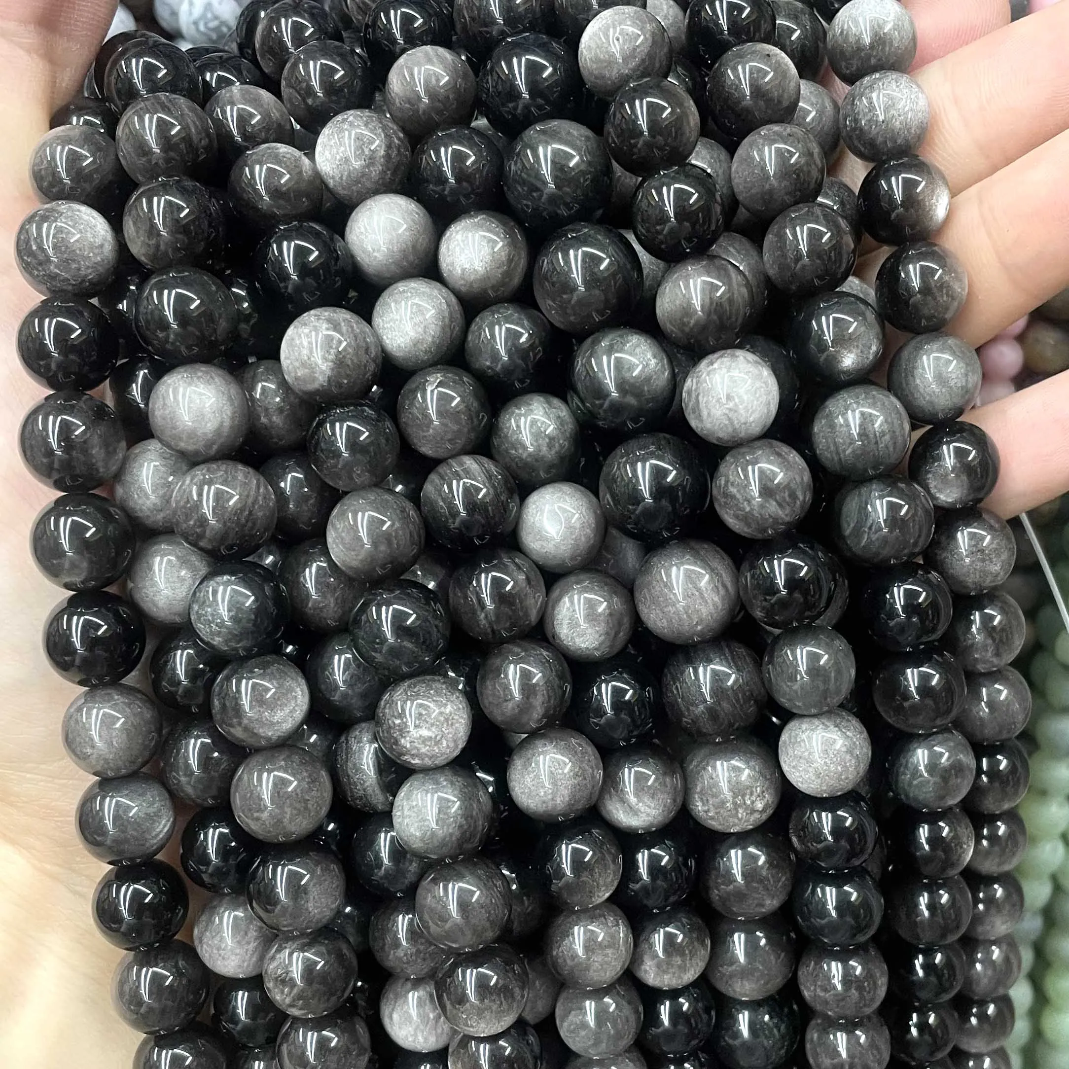 4 6 8 10 12 14MM Natural Stone Silver Obsidian Round Loose Spacer Beads For Jewelry Making DIY  Bracelets Necklace Accessories