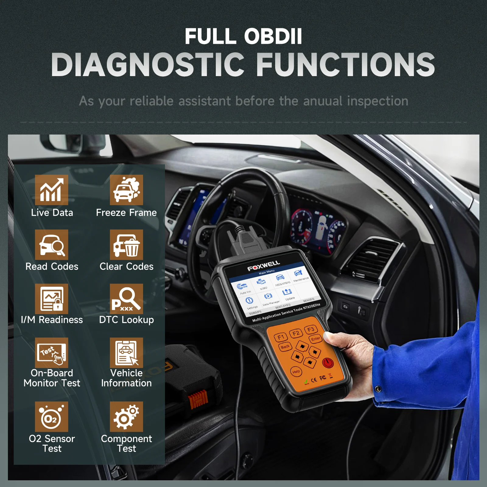 FOXWELL NT650 Elite OBD2 Scanner automobilistico SAS A/F OIL EPB BRT TPS 26+ Reset Strumento diagnostico professionale per auto OBD2 Scanner