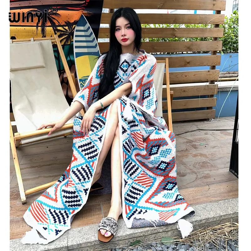 WINYI Geometric print Warm fashion Caftan Africa Holiday dress Elegant party winter فساتين طويلة women vestidos para mujer