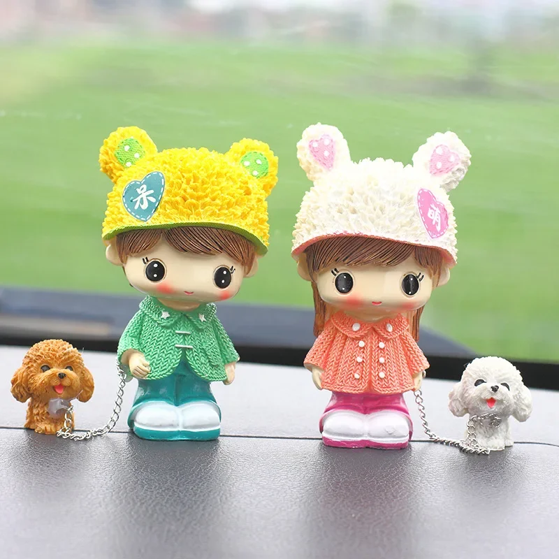 Cartoon Creative Scarf Couple Leading Dog Walking Dog Doll Cute Car Decoration Action Figures Hobby Collectibles Gifts Kids