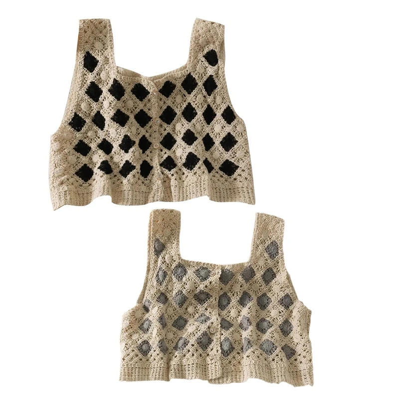 Women Vintage Crochet Sleeveless Sweater Vest Hollow Out Knit Rhombus Diamond Plaid Crop Top Cardigan Button Down Square Neck