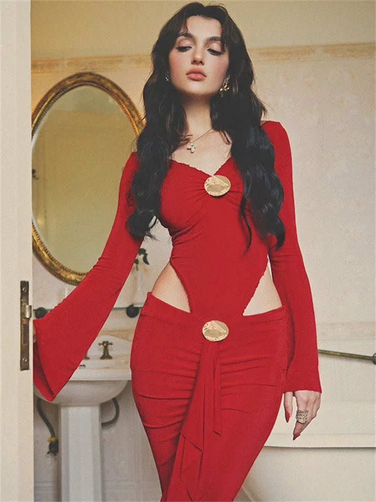 

Metallic Patchwork Lave Flared Sleeve Bodysuit Split Midi Skirt Women Cut Out Slim Two-Piece Set Sexy Y2K Party Outfit