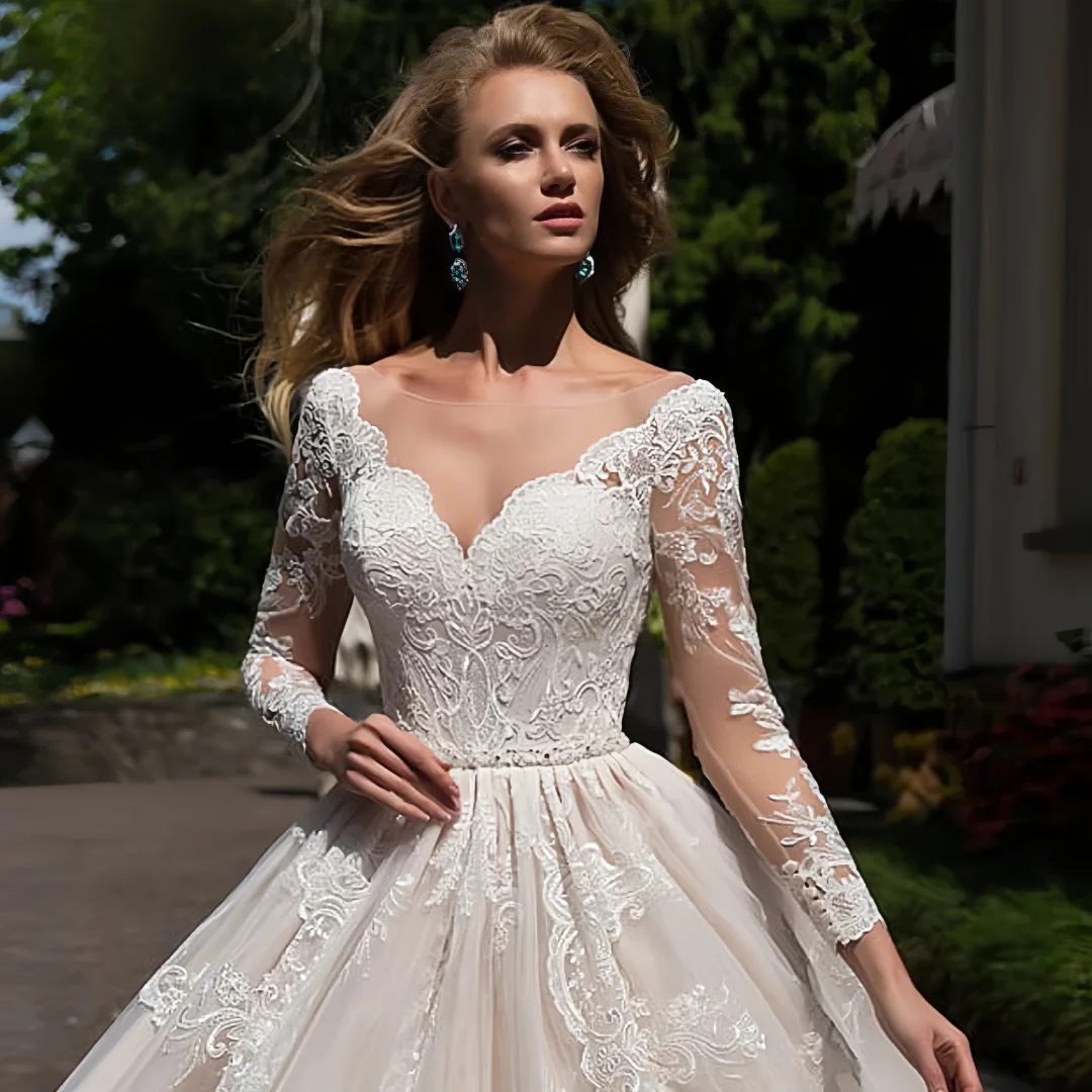 Customized Exquisite Wedding Party Dress Embroidered Lace On Net With Ball Gown Train O-neck Nude Full Sleeve Bride Gowns Button