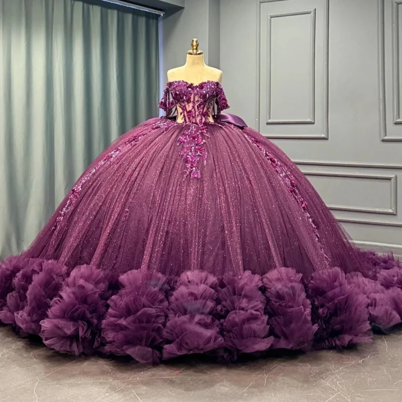 

Purple Shiny Ball Gown Quinceanera Dresses Applique Flower Beading Crystal Bow Tiered Tull Corset Off Shoulder Sweet 16 Dress