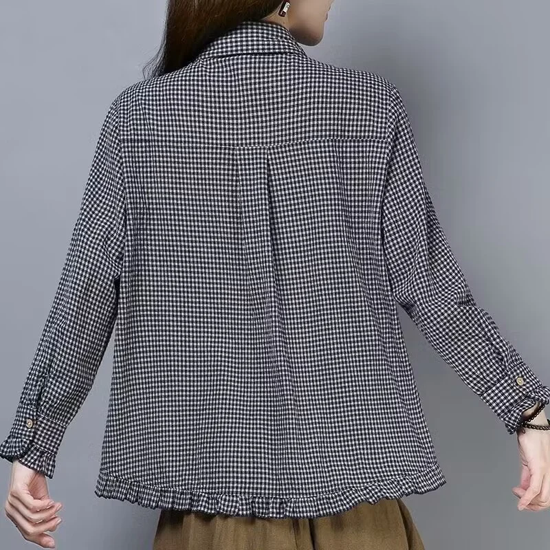 Spring Autumn Plaid Shirt For Women 2025 New Loose Versatile Long Sleeved Top Elegant Ruffle Edge Lapel Single-breasted Jacket