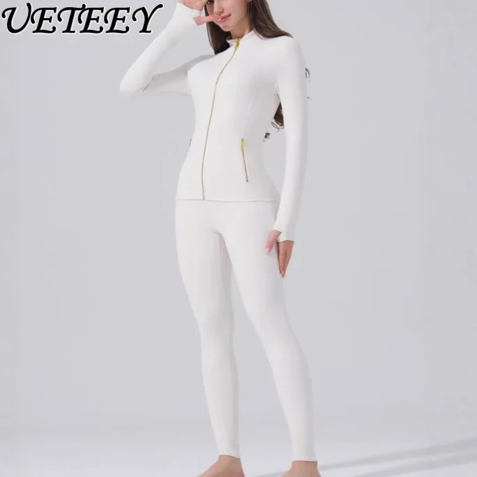 

European Long Sleeve Yoga Wear Slim Fit White Sports Suit Outdoor Cycling Running Fitness Jacket Coat Yoga Pants Suit for Women
